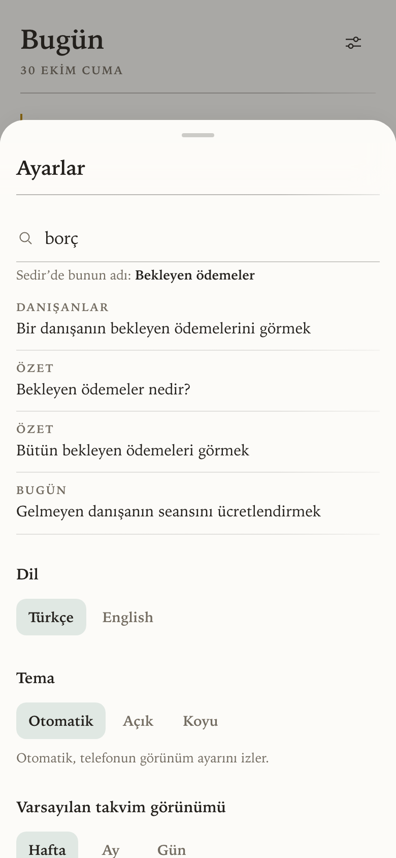 Ayarlardaki rehber: arama kutusunda borç yazılı, altında Sedir'de bunun adının Bekleyen ödemeler olduğunu söyleyen satır ve ilgili konular.